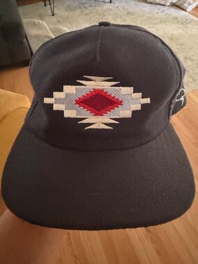 Southwestern Embroidered Navy Cap with Red Diamond Motif